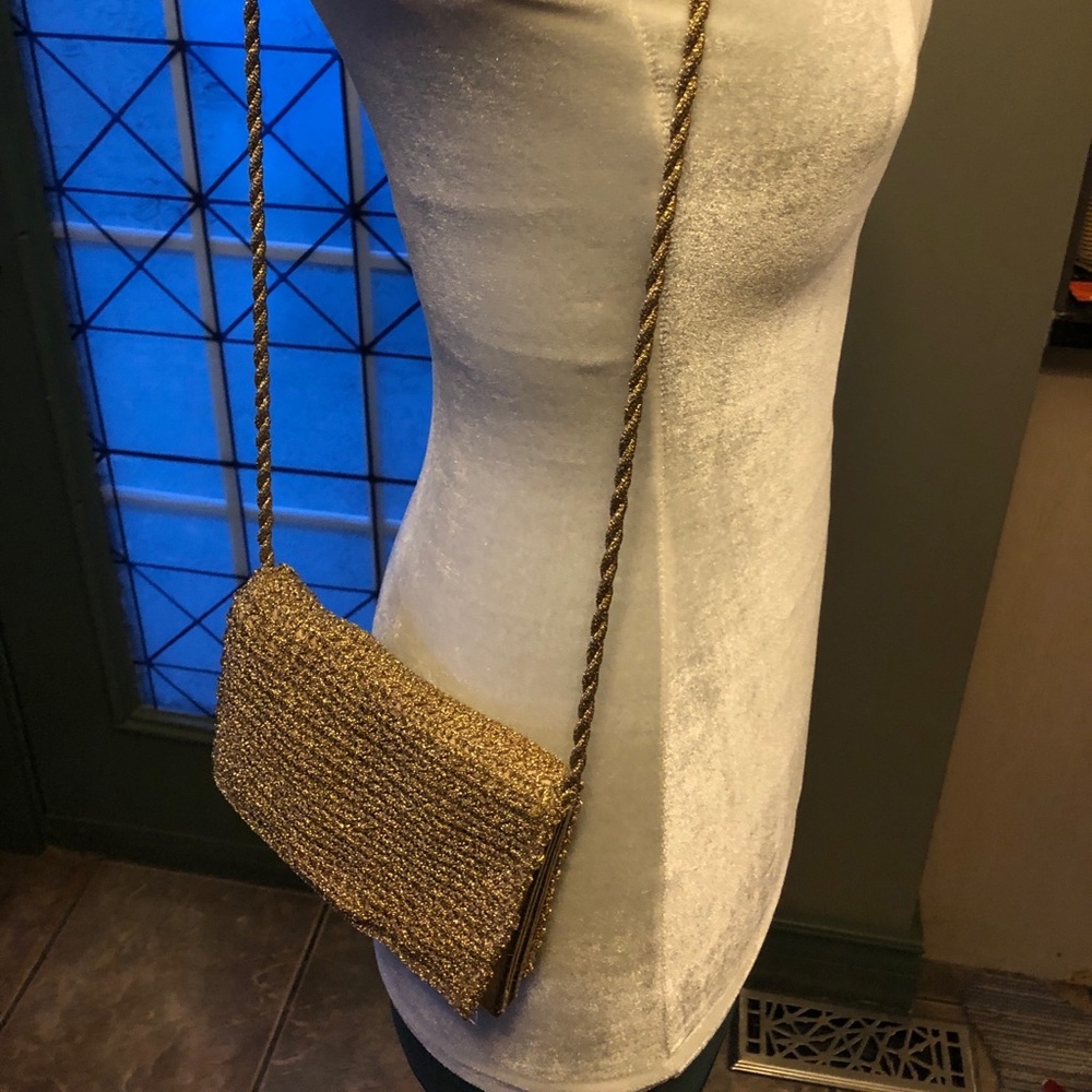 Vintage Gold Leather Crochet Evening Clutch